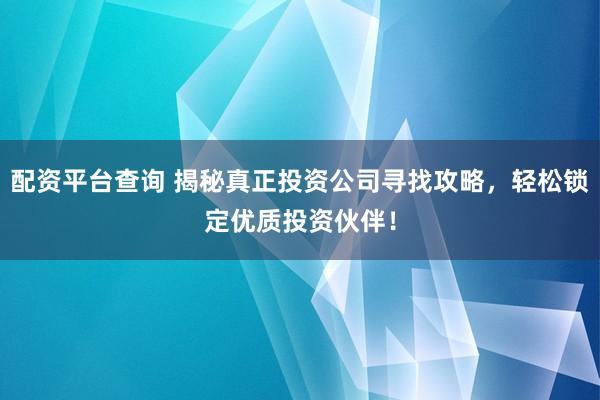 配资平台查询 揭秘真正投资公司寻找攻略，轻松锁定优质投资伙伴！