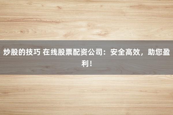 炒股的技巧 在线股票配资公司：安全高效，助您盈利！
